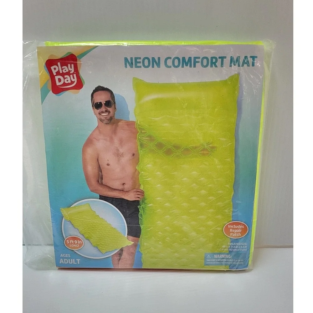 Play Day Neon Comfort Mat Inflatable Pool Float Lounger with Pillow Adult